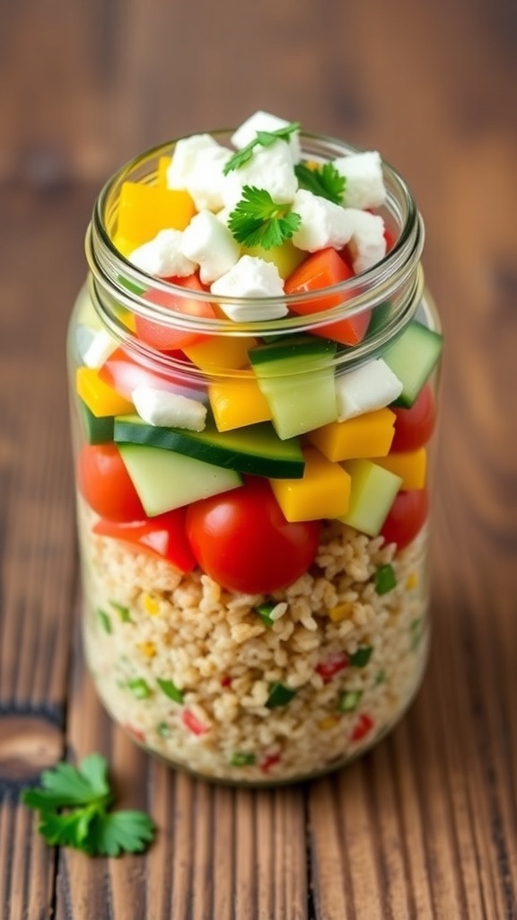 Quinoa Salad in a Jar Recipe A layered quinoa salad in a jar with tomatoes, cucumbers, bell peppers, and feta cheese on a wooden table.